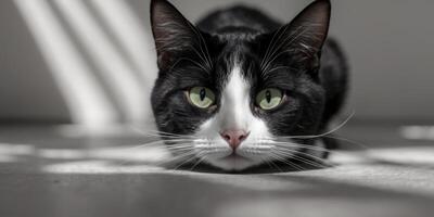 Wide Angle Close Up of a Tuxedo Cat Peering into the Camera at Ground LevelWide Angle Close Up of a Tuxedo Cat Peering into the Camera at Ground Level. photo