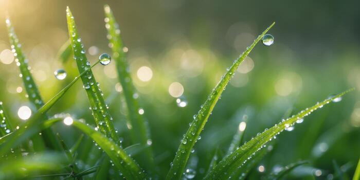 gotas de rocío en verde cuchillas de césped en luz de sol foto