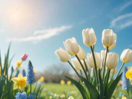 Fresh White Tulips in Garden Setting with Vibrant Green Grass and Colorful FlowersFresh White Tulips in Garden Setting with Vibrant Green Grass and Colorful Flowers. photo