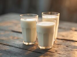 Fresh Milk Glasses on Wooden Table in Warm LightFresh Milk Glasses on Wooden Table in Warm Light. photo