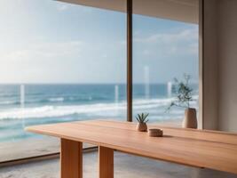 Relaxing indoor space with a wooden table and stunning ocean viewRelaxing indoor space with a wooden table and stunning ocean view. photo