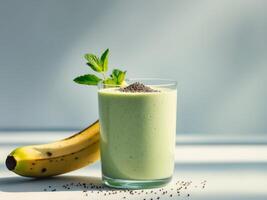Nutritious Vegan Smoothie with Banana Avocado Yogurt on Grey Background Breakfast Beverage photo