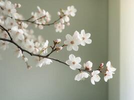 Beautiful White Cherry Blossom Flowers on Branch with Soft Green Background photo