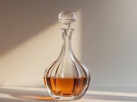 Elegant crystal decanter casting shadows with amber liquid in sunlightElegant crystal decanter casting shadows with amber liquid in sunlight. photo