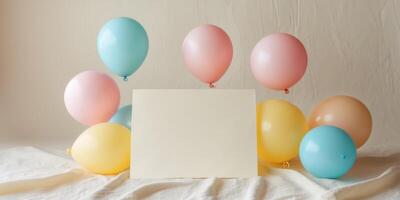 Festive Backdrop with Blank Card and Floating Balloons photo