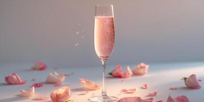 Shimmering Champagne Flute with Pink Champagne and Rose Petals Scattered Around the Base photo