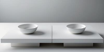 Two white tables with white bowls on top of them photo