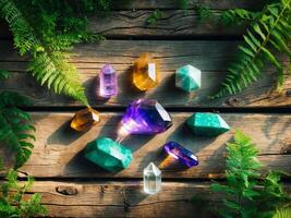 Healing Crystals Displayed on a Rustic Wooden Surface with Green FoliageHealing Crystals Displayed on a Rustic Wooden Surface with Green Foliage. photo