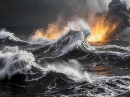 Dynamic underwater flows illuminated by volcanic eruptions radiating energy photo
