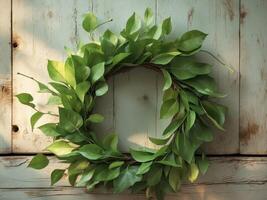 Green leaf wreath on rustic wooden backgroundGreen leaf wreath on rustic wooden background. photo