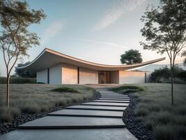 a house with a curved roof and a walkway leading to ita house with a curved roof and a walkway leading to it. photo