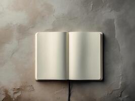 Open blank notebook on a textured gray surface for creative writing or planning photo