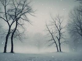 Tranquil Winter Scene with Bare Trees and Gentle Snowfall Symbolic of the Quiet End of a Cycle photo