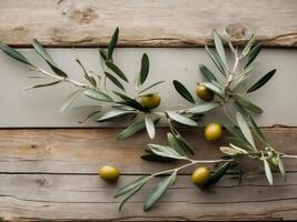 Olive Branches with Fruit Resting on Wooden PlanksOlive Branches with Fruit Resting on Wooden Planks. photo