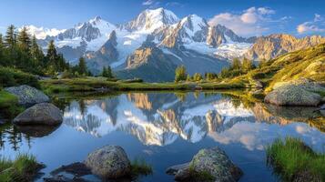 Mirror Image Snow-Capped Mountain Peaks Reflected in Pristine Lake photo