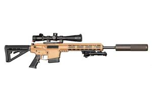Assault rifle, a rifled firearm with an optical sight and a silencer, isolated on a white background. photo