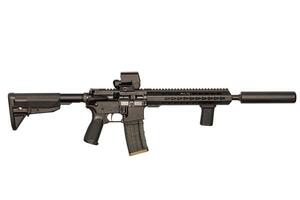 Rifled firearm with optical sight and silencer, semi-automatic carbine isolated on white background. photo