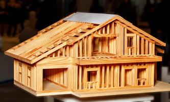 Model of a wooden frame of a residential building. Image on a dark background. photo