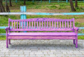 A pink wooden bench on a paved paving slab against the backdrop of a spring park. photo