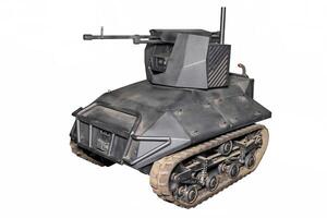 Military ground drone vehicle features a remote weapon system and continuous tracks isolated on a white background. photo