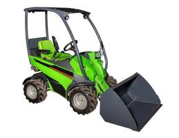 Compact green front loader on white background for construction and agriculture machinery concept. Isolated on white background. photo