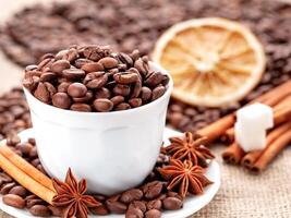 Aromatic coffee blend with spices and citrus garnishing at a cozy setting photo