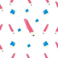 A cheerful and colorful seamless pattern featuring pencils and erasers scattered across a white background. Pencil and Eraser seamless pattern. Seamless pattern background vector