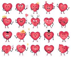 Set of 20 adorable heart mascot characters displaying various emotions and expressions vector