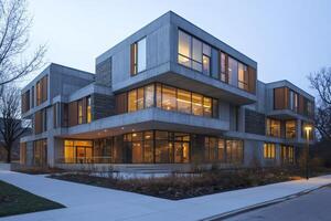Modern concrete building with large windows glowing at dusk photo