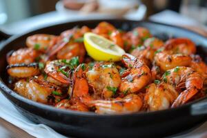Delicious grilled shrimp with lemon and parsley in a cast iron skillet photo