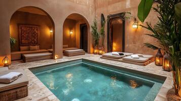 Tranquil moroccan riad courtyard with inviting pool and relaxation area photo