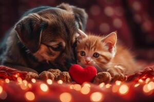 Puppy and kitten cuddling with red heart and festive lights photo