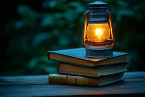 Kerosene lamp illuminating stack of old books at night photo