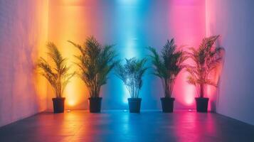Four potted plants illuminated by colorful led lights creating a vibrant backdrop photo