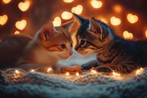 Two kittens looking at each other with heart shaped bokeh lights and cookies photo