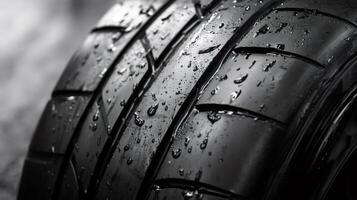Wet tire tread creating a beautiful pattern with water drops photo