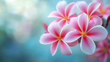 Pink plumeria flowers blooming on blurred background photo