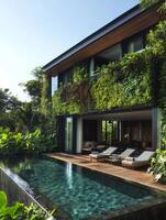 Modern house with infinity pool and vertical garden blending with the surrounding nature photo
