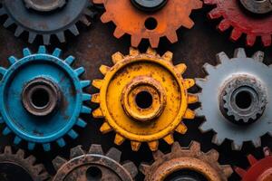 Colorful interlocking gears working together in a complex mechanism photo