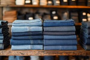 Stacks of folded jeans on display in clothing store photo