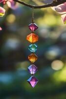 Colorful crystal hanging decoration shining on a tree branch photo