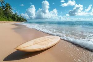Surfboard resting on the shore of a tropical beach under a cloudy sky photo