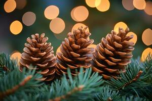 Three pine cones resting on evergreen branches with christmas lights in background photo