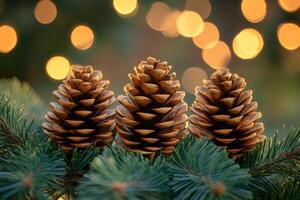 Three pine cones resting on pine branches with christmas lights in background photo