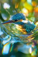Kingfisher diving into water with colorful bokeh background photo