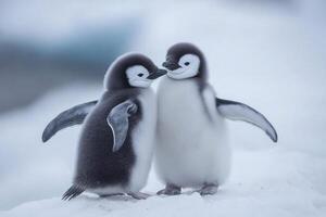 Two emperor penguin chicks showing affection in antarctica photo