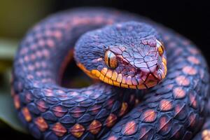 Mangrove pit viper showing its colorful scales and fangs photo
