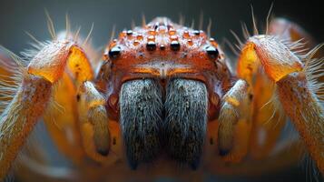 Huntsman spider showing fangs and covered in dew drops photo
