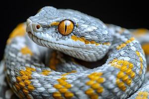 Venomous eyelash viper showing its fangs in close-up photo