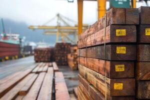 Stacked lumber awaits shipping at a commercial port, representing global timber trade photo